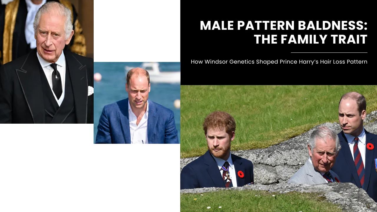 Male Pattern Baldness in Prince Harry’s Family Prince Harry with King Charles and Prince William showing male pattern baldness as a possible family hair loss trait.