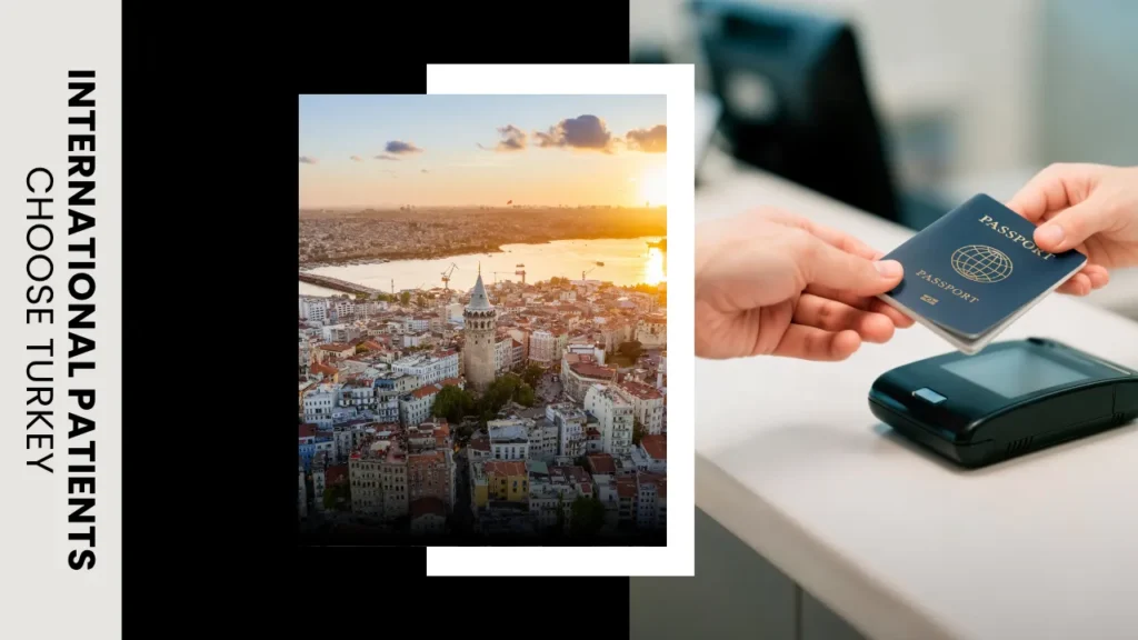 International patient traveling to Turkey for a hair transplant with passport and Istanbul city view