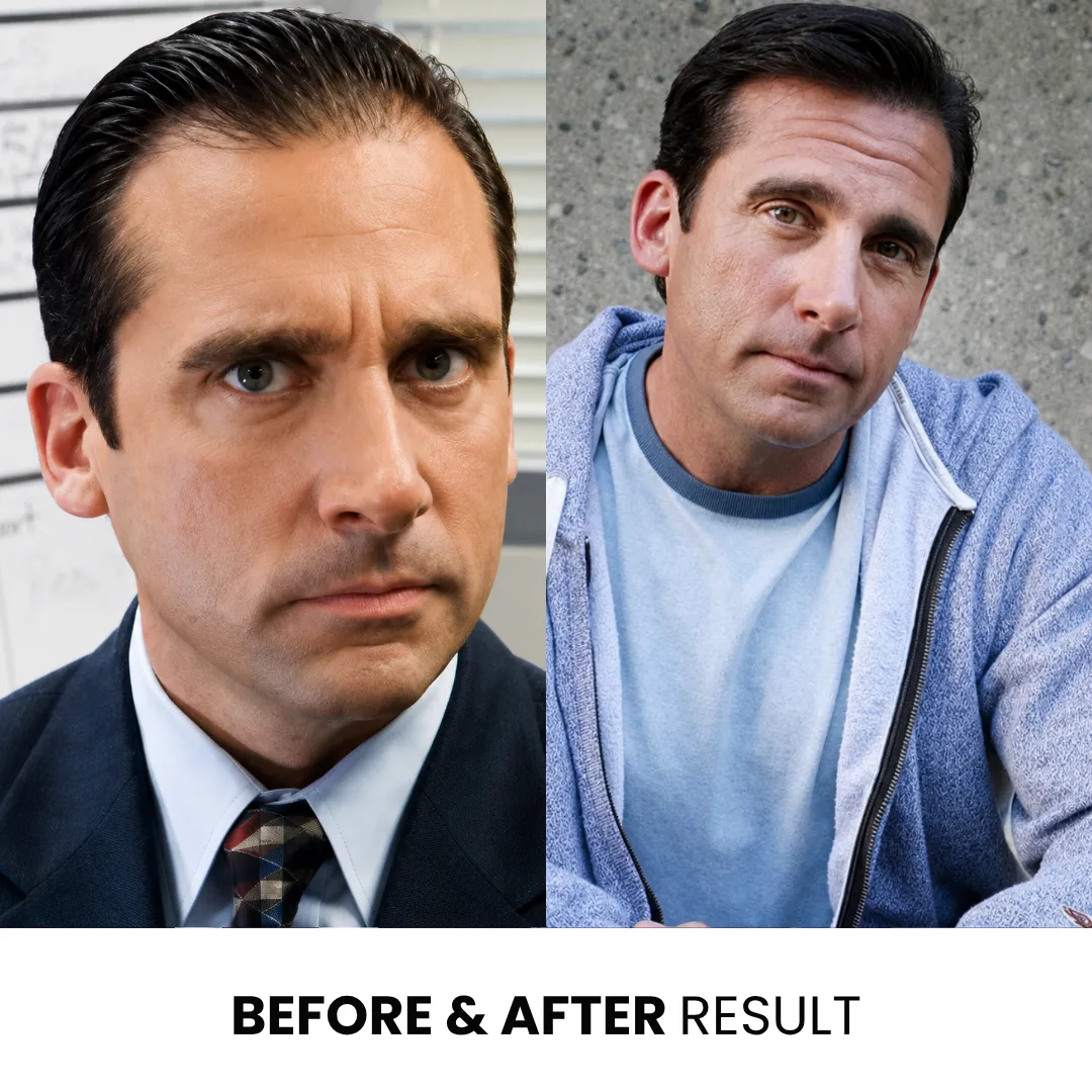 Steve Carell before and after hairline comparison showing fuller hair in later years