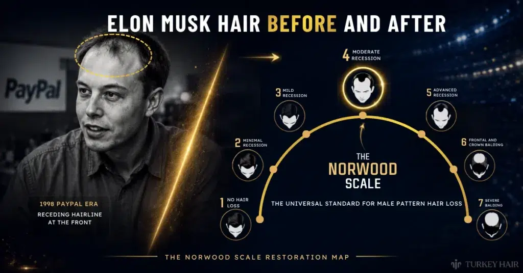 Elon Musk hair transplant before and after comparison with Norwood scale hairline analysis
