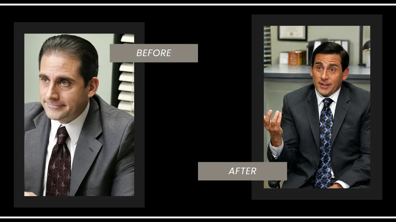 Steve Carell before and after hairline comparison showing visible frontal hair changes