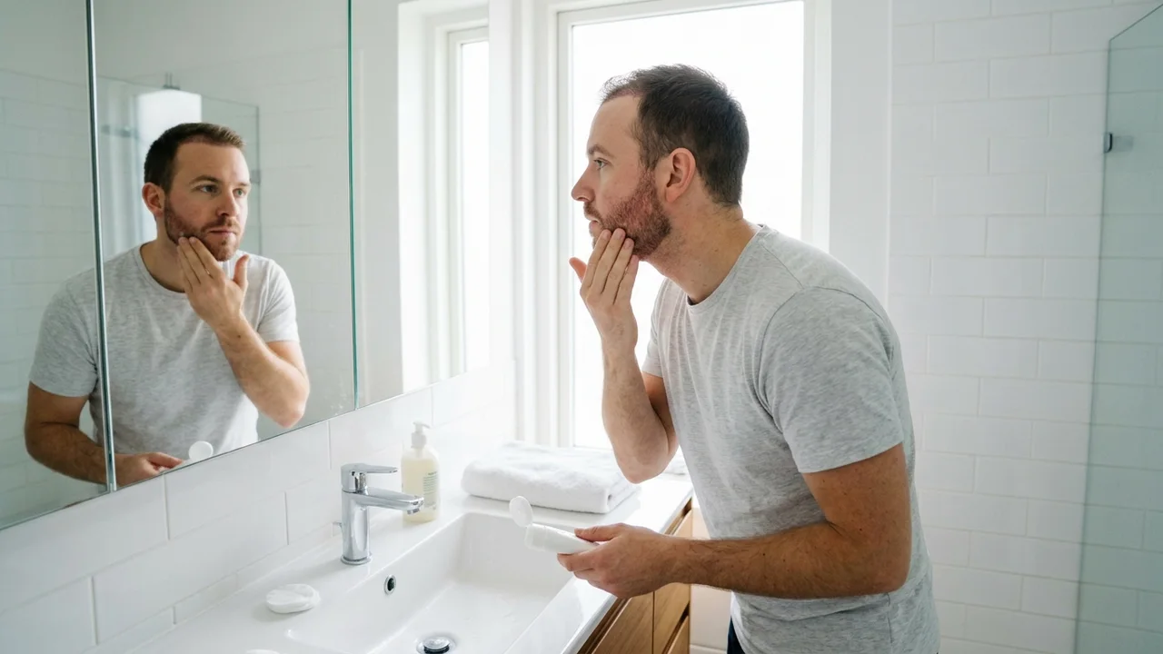 A patient performing gentle aftercare on his new beard transplant.