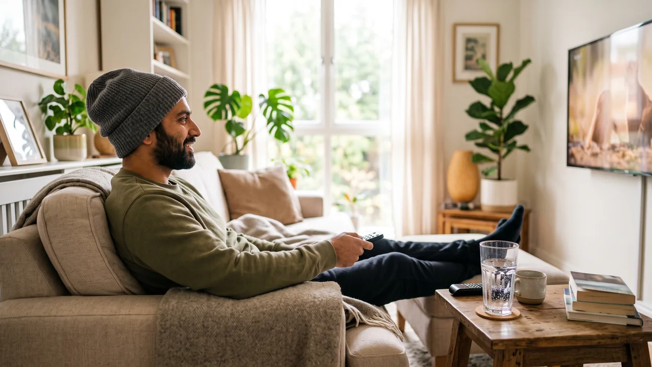 A man resting comfortably at home, wearing a soft hat for protection after his hair transplant.