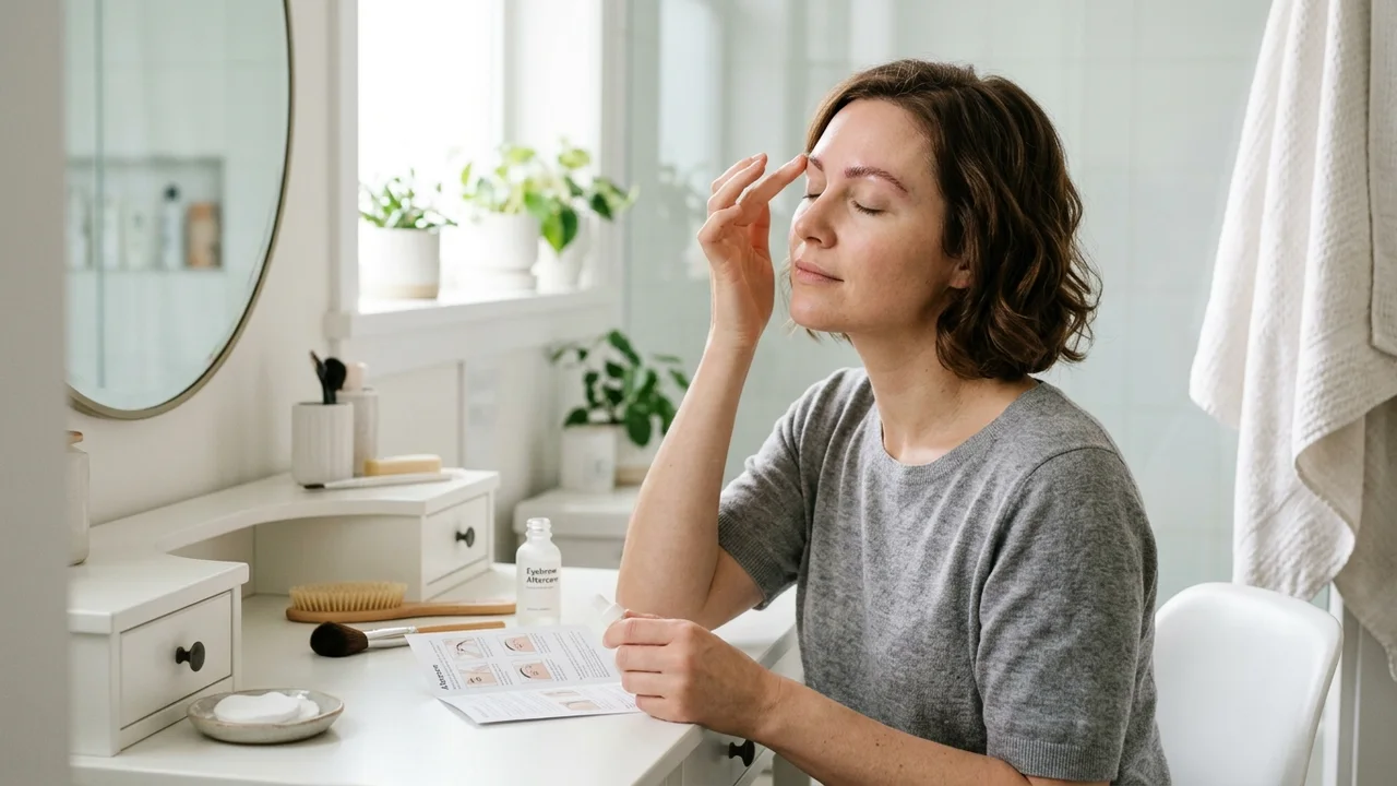 Patient applying post-care serum to transplanted eyebrows at home.