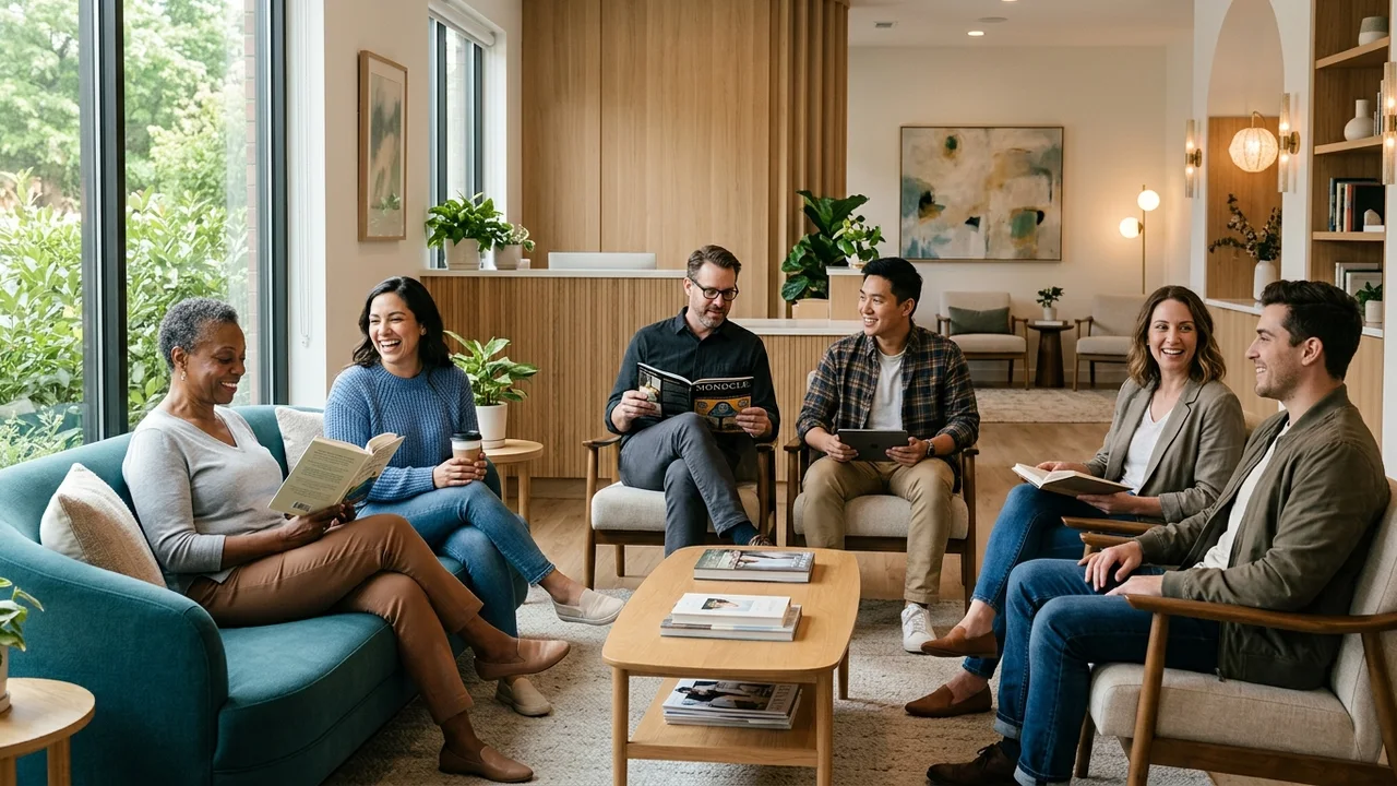 Patients in a clinic waiting area discussing their hair transplant journey