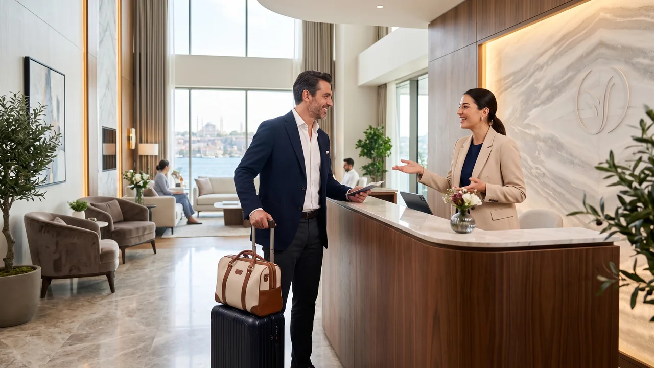 A male traveler with luggage being warmly greeted by a female patient coordinator at a sleek Istanbul clinic reception.