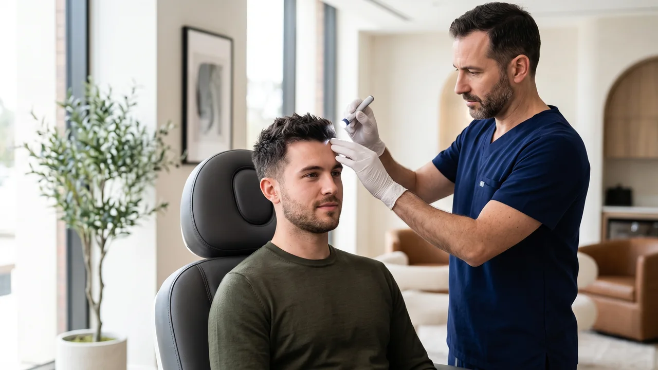 A male hair specialist carefully examining a seated patient's hairline and donor area during a consultation in a modern clinic.