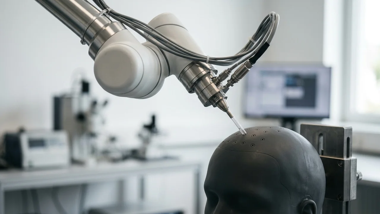 Robotic arm precisely extracting hair follicles.