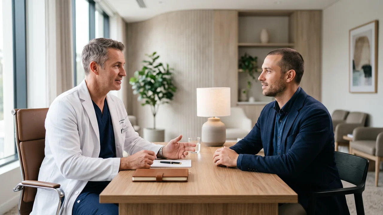 Hair transplant specialist explaining Sapphire FUE benefits to a patient