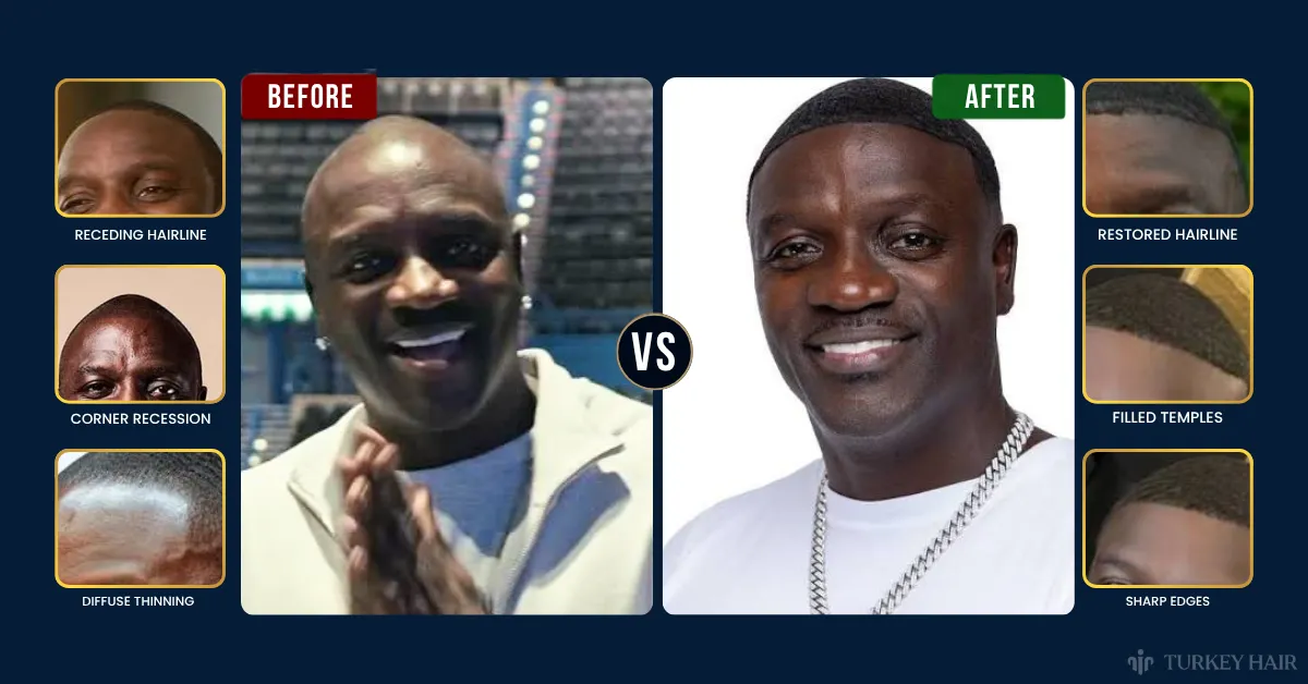 Akon hair transplant before after, Akon hairline comparison, Akon hair restoration analysis, Akon graft estimate, Akon hair density change, celebrity hair transplant results, before after hair transplant