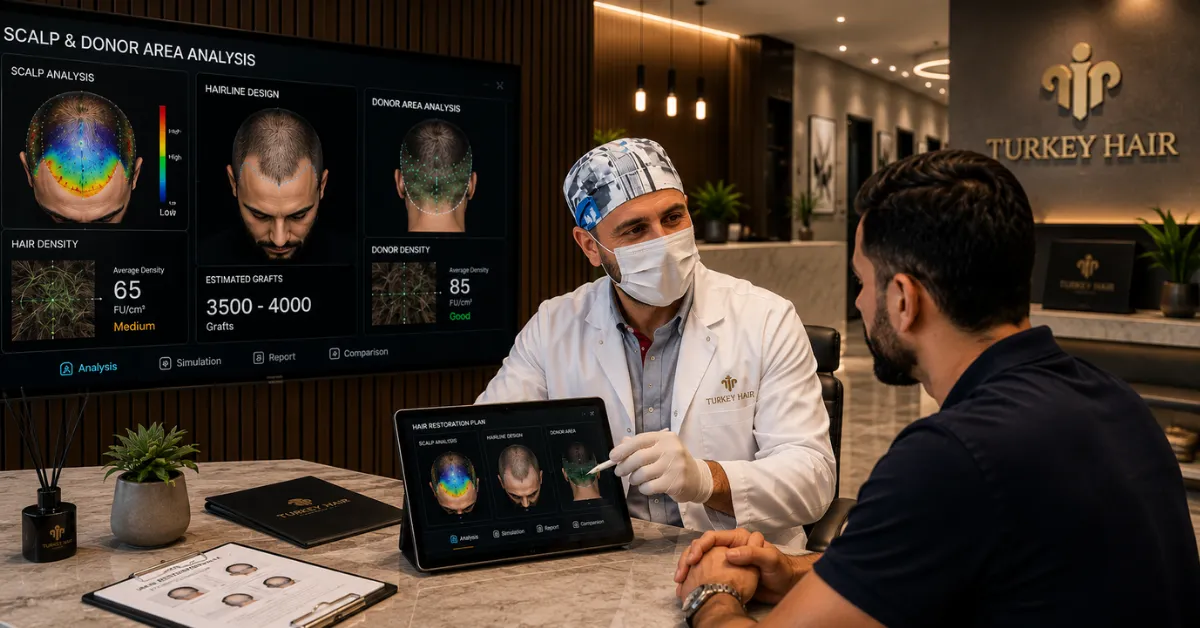 A trichologist performing a hair transplant consultation and scalp analysis on a male patient.
