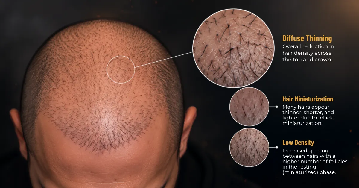 Close-up of Andrew Tate's scalp showing patchy, thin hair growth, indicative of natural male pattern baldness.