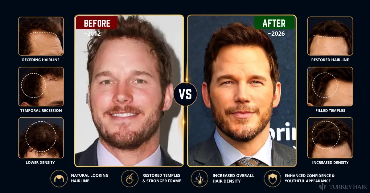 Chris Pratt hair transplant before and after results analysis.