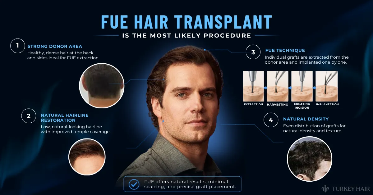 Henry Cavill, FUE hair transplant, DHI, hairline, precision, natural results