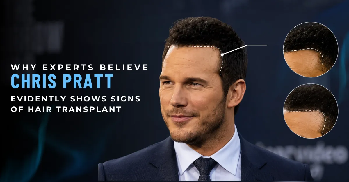 Chris Pratt's hairline before and after, showing temple recession and subsequent restoration.